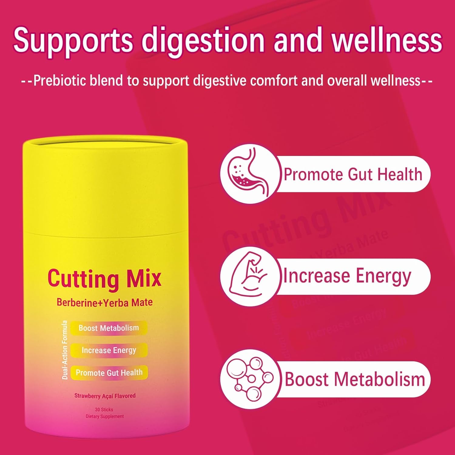 Cutting Drink Mix, Strawberry Açaí Flavor, 30 Servings | Berberine, Chromium, 5-HTP, Yerba Mate, Magnesium