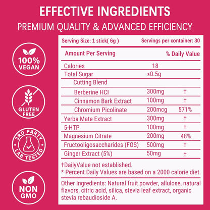 Cutting Drink Mix, Strawberry Açaí Flavor, 30 Servings | Berberine, Chromium, 5-HTP, Yerba Mate, Magnesium