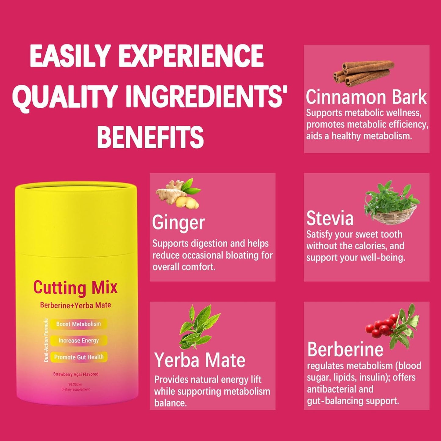 Cutting Drink Mix, Strawberry Açaí Flavor, 30 Servings | Berberine, Chromium, 5-HTP, Yerba Mate, Magnesium